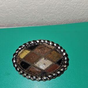Vintage Cowboy Patchwork Belt Buckle with leather inlay pattern.